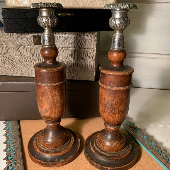 Vintage Wood and Metal Candlesticks (B10)